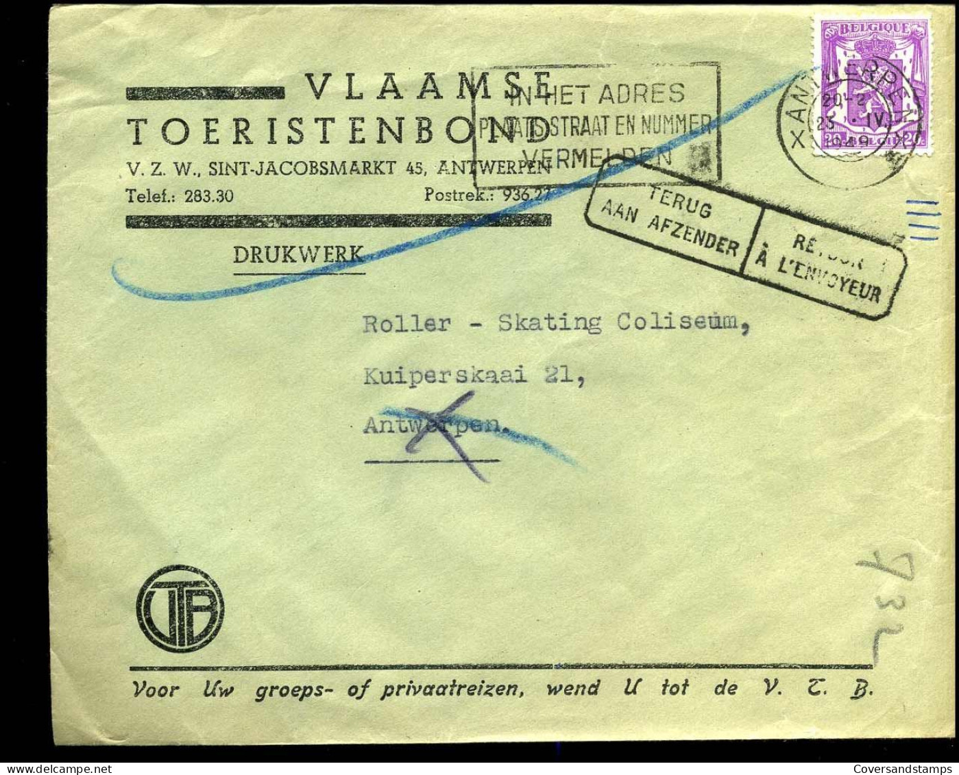 Cover Naar Antwerpen - "Vlaamse Toeristenbond, Antwerpen" - Terug Aan Afzender/retour à L'envoyeur - 1935-1949 Petit Sceau De L'Etat