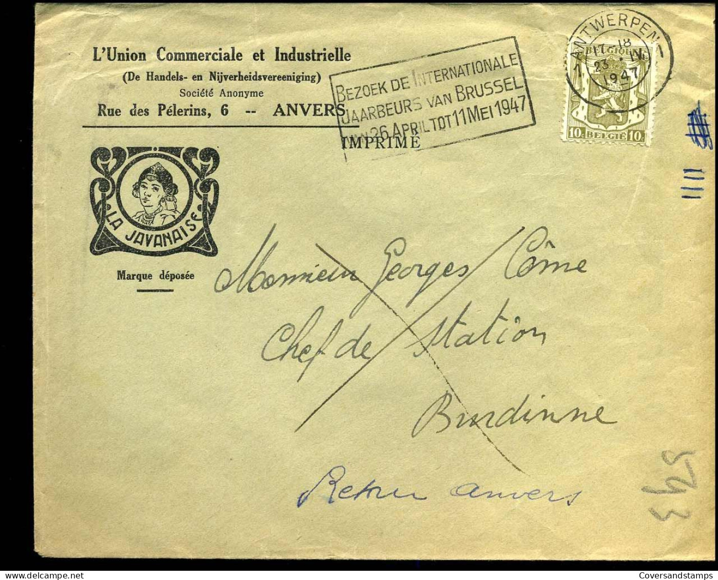Cover Naar Burdinne - 'L'Union Com. Et Industrielle, Anvers"  -- La Javanais -- Terug Aan Afzender/Retour .. - 1935-1949 Small Seal Of The State
