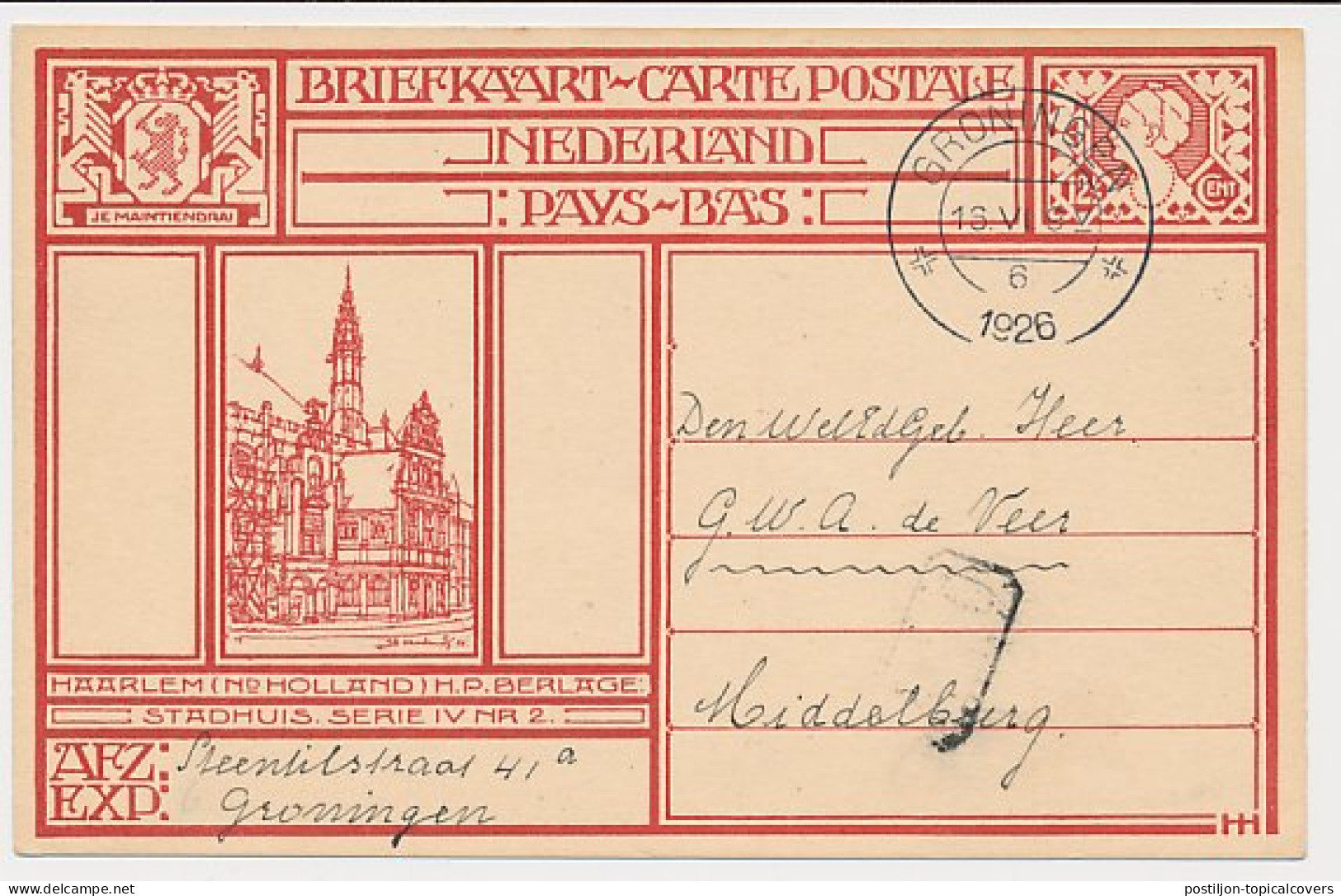 Briefkaart G. 199 H ( Haarlem ) Groningen - Middelburg 1926 - Entiers Postaux