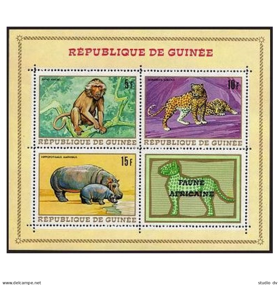 Guinea 514a, MNH. Mi Bl.29. Wild Animals 1968. Baboon, Leopards, Hippopotamus. - Guinea (1958-...)