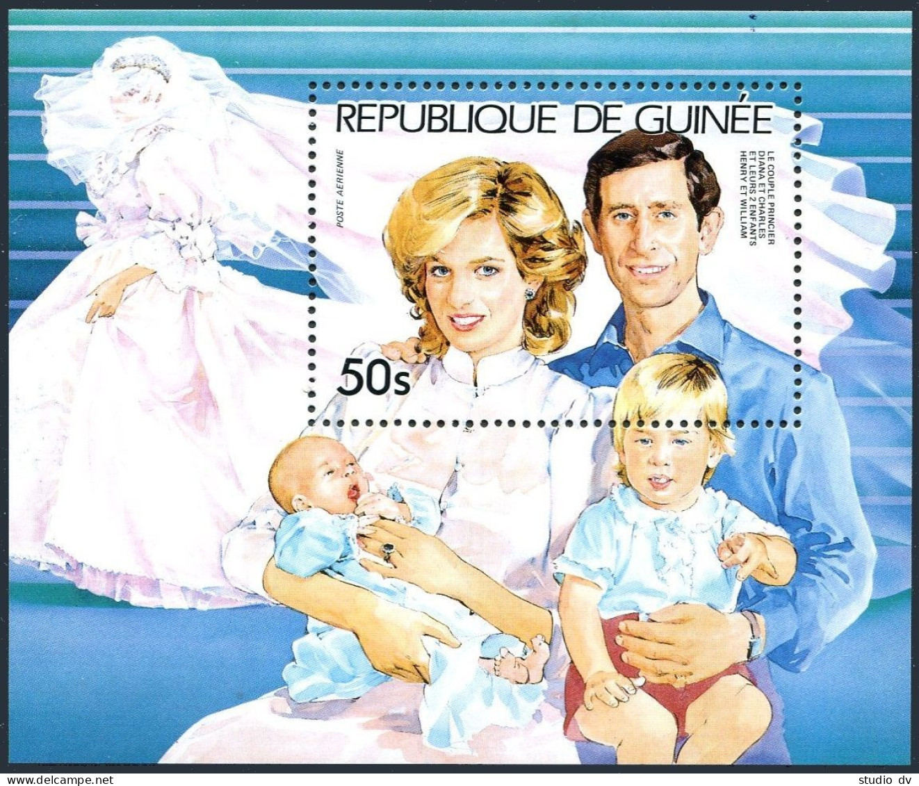 Guinea 938 Sheet, MNH. Prince Charles, Diana, Princes Henry And William, 1985. - Guinea (1958-...)