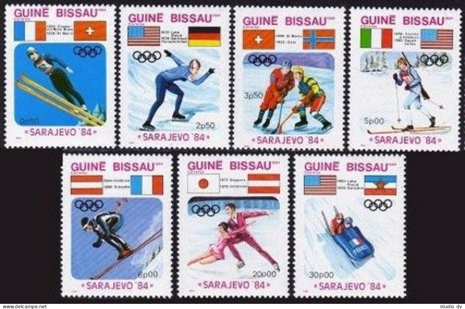 Guinea Bissau 529-535, MNH. Michel 738-744. Olympics Sarajevo-1984. Skating, Sky - Guinea (1958-...)