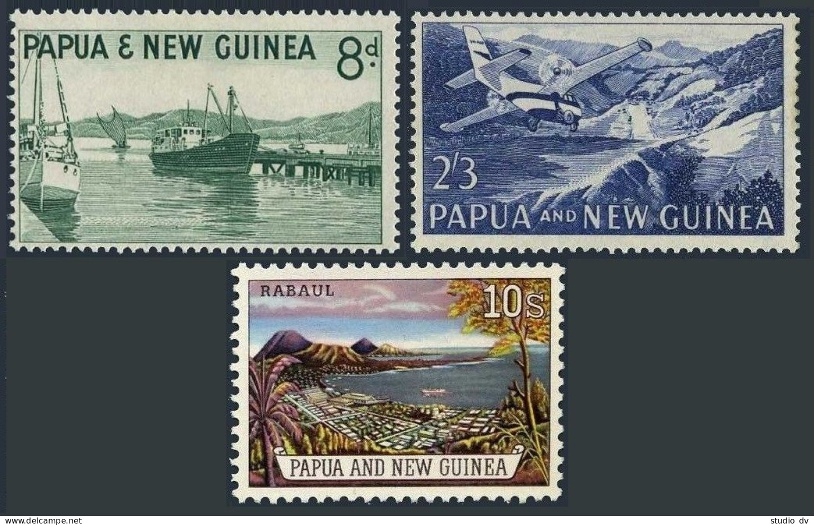 Papua New Guinea 157, 160, 162, Hinged. Port Moresby Harbor,Plane,Rabault, 1961. - Guinea (1958-...)