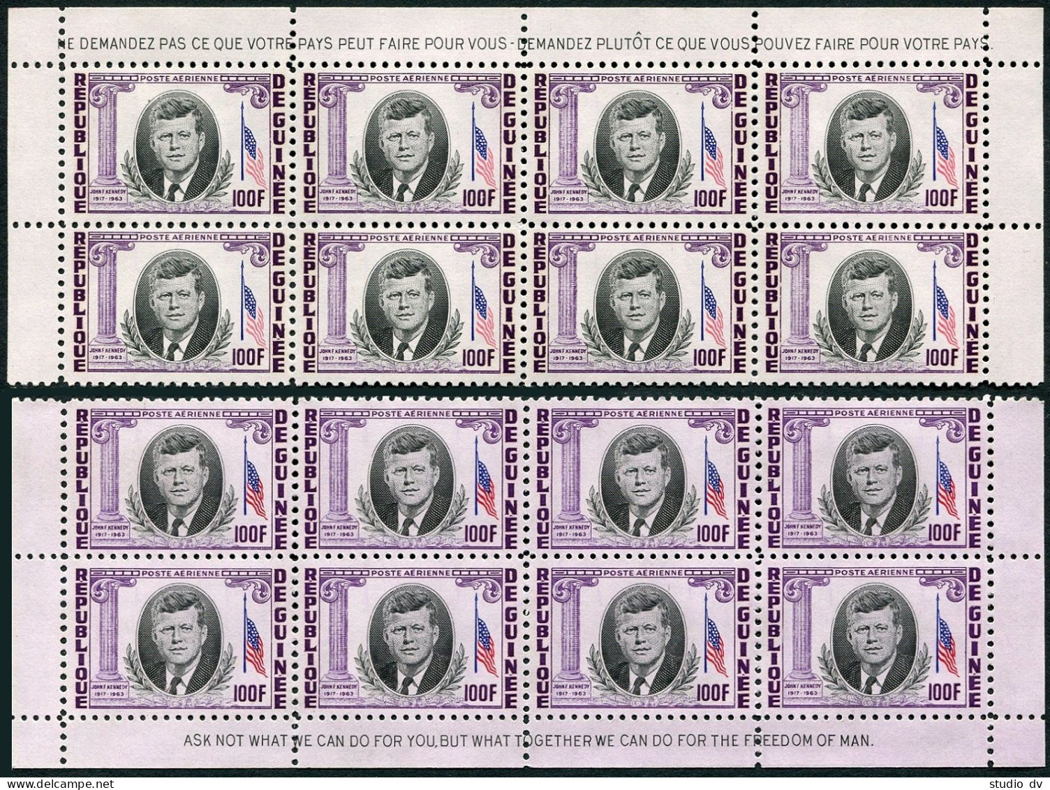 Guinea C56 Two Blocks/8, Red Color Var, MNH. Michel 229. John F. Kennedy, 1964. - Guinée (1958-...)