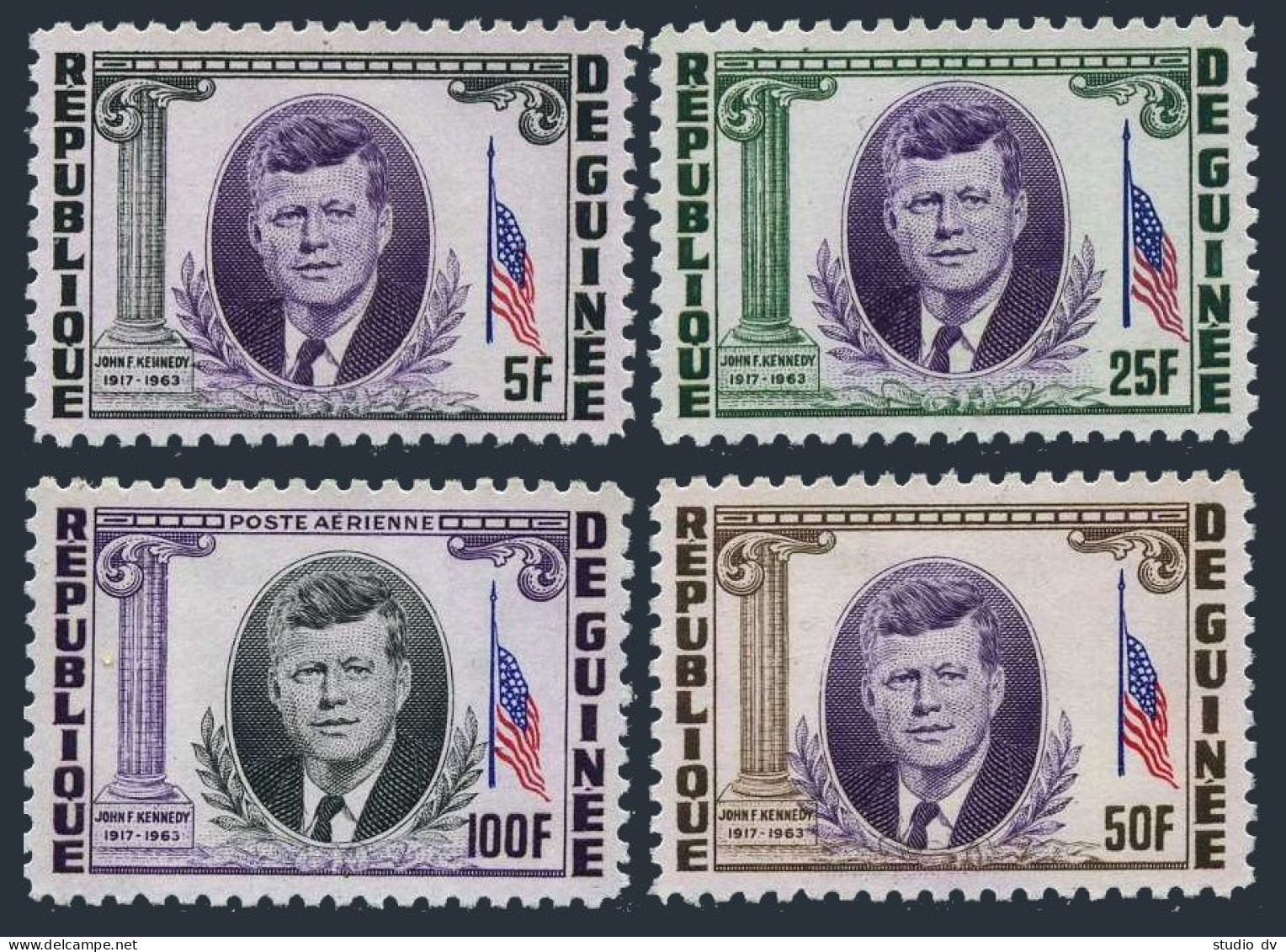 Guinea 325-327,C56 Perf, Imperf, Hinged. Mi 226-229 A, B. John F. Kennedy, 1964. - Guinea (1958-...)