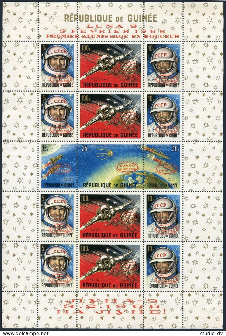 Guinea 388-393a Two Sheets, MNH. Luna 9 & Gemini 3 Overprinted, 1965. - Guinea (1958-...)