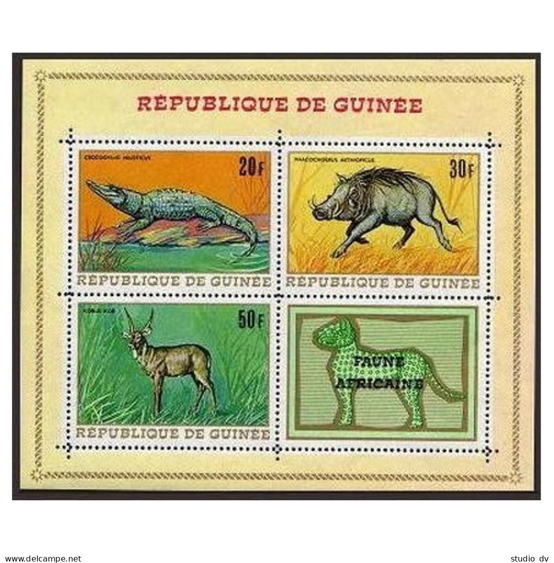 Guinea 517a Sheet,MNH.Mi Bl.30.Wild Animals 1968.Nile Crocodile,Wart Dog,Defassa - Guinée (1958-...)