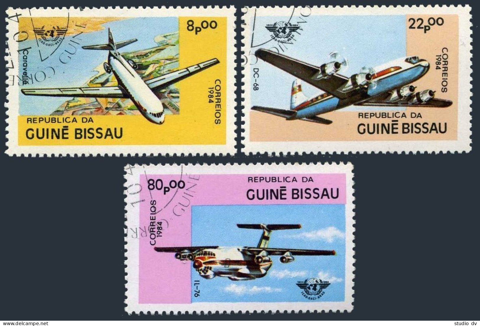 Guinea Bissau 568-570, CTO. Mi 754-756. ICAO, 40, 1984. Caravelle, DC-6B, IL-76. - Guinée (1958-...)