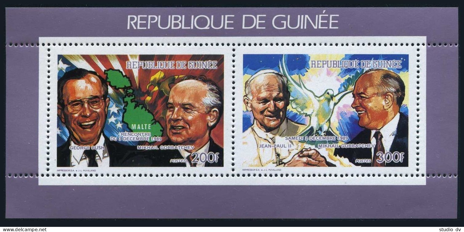 Guinea 1136a,1136/1142b,MNH. Pope John Paul II,Pres.Gorbachev,George Bush.1990. - Guinea (1958-...)