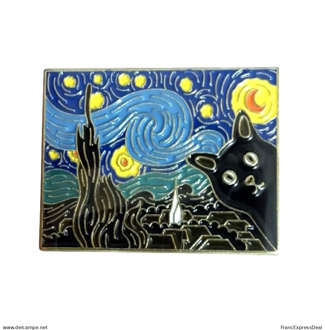 Pin's NEUF En Métal Pins - Chat Noir Dans Le Tableau La Nuit étoilée De Vincent Van Gogh - Animaux