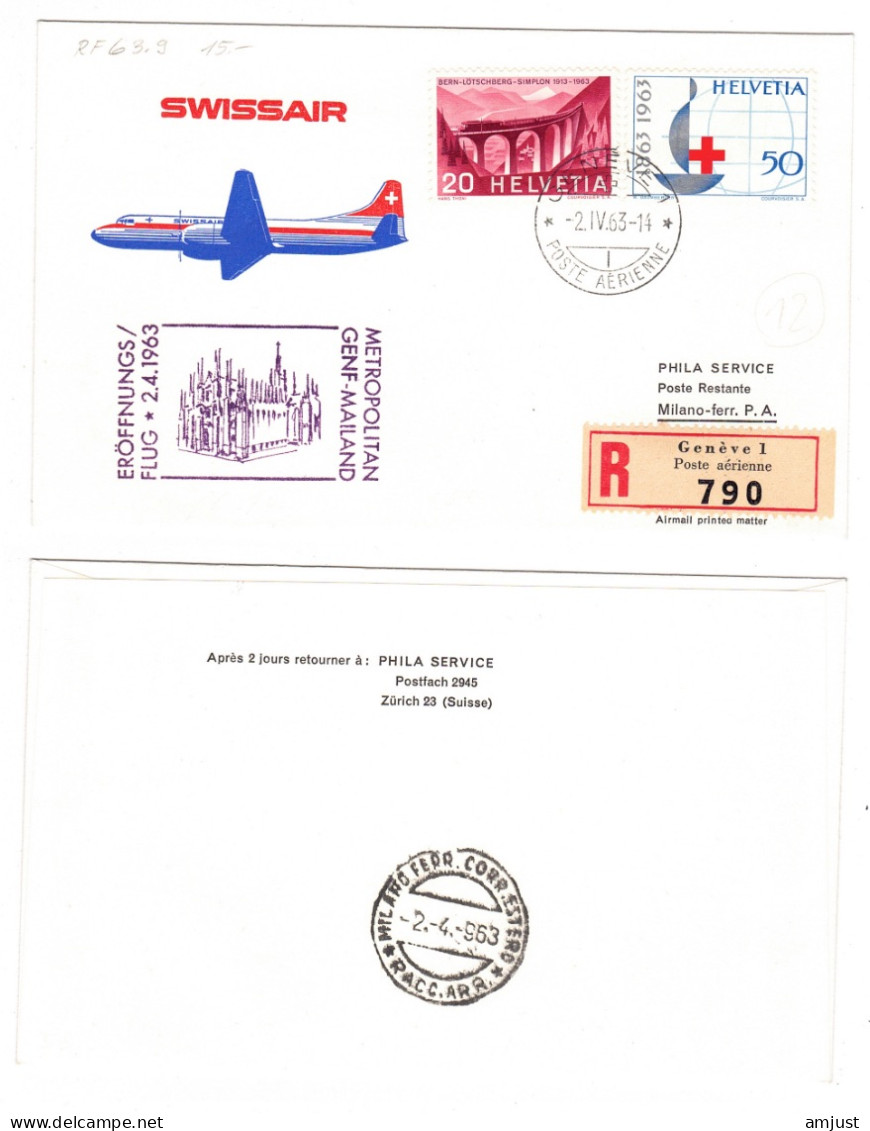 Suisse /Schweiz // Poste Aérienne // 1963 // Vol Genève-Milan 2.4.1963  (RF63.9) - Eerste Vluchten
