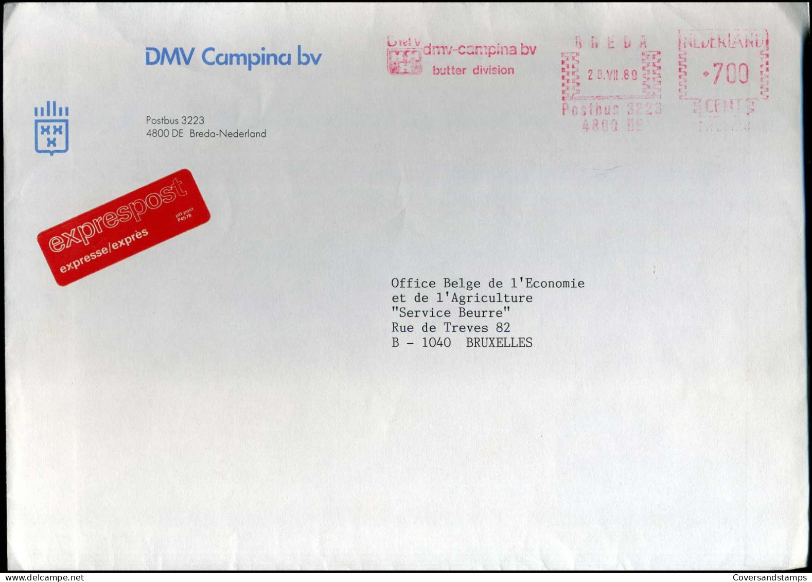 Express Cover To Brussels, Belgium - 'DMV Campina Bv' - Covers & Documents