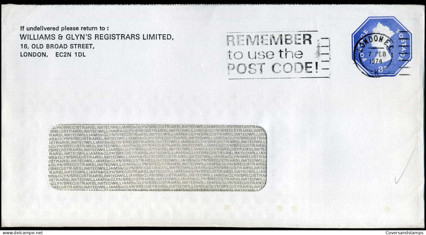 Cover - 'Williams & Glyn's Registrars Limited' - Stamped Stationery, Airletters & Aerogrammes