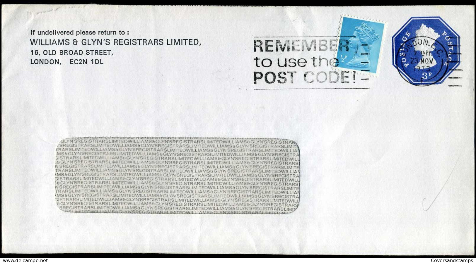 Cover - 'Williams & Glyn's Registrars Limited' - Postwaardestukken