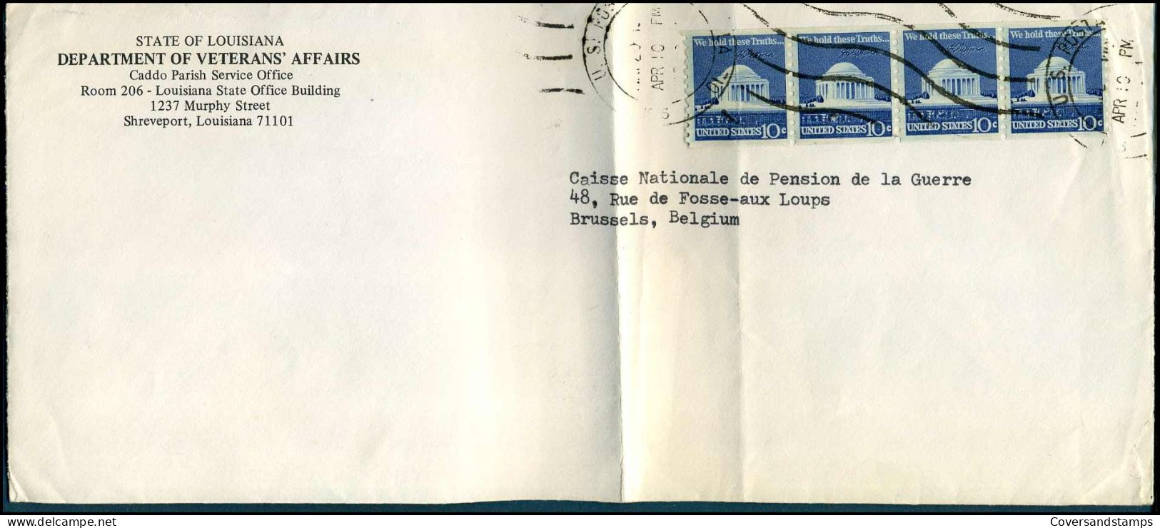 Cover To Brussels, Belgium - 'State Of Louisiana, Departmnet Of Veterans' Affairs' - Lettres & Documents
