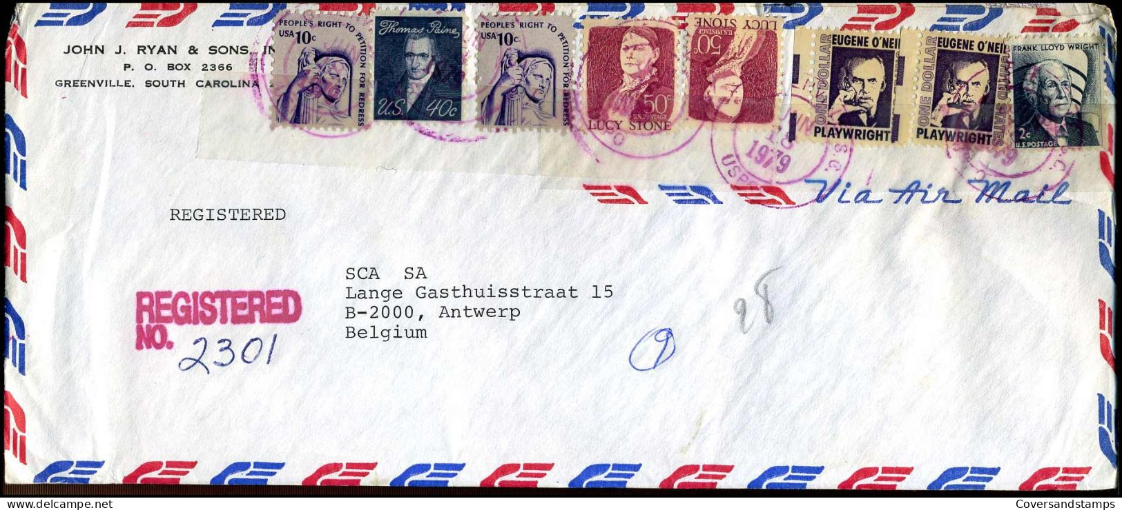 Registered Cover To Antwerp, Belgium - 'John J. Ryan & Sons Inc., Greenville, South-Carolina' - Lettres & Documents
