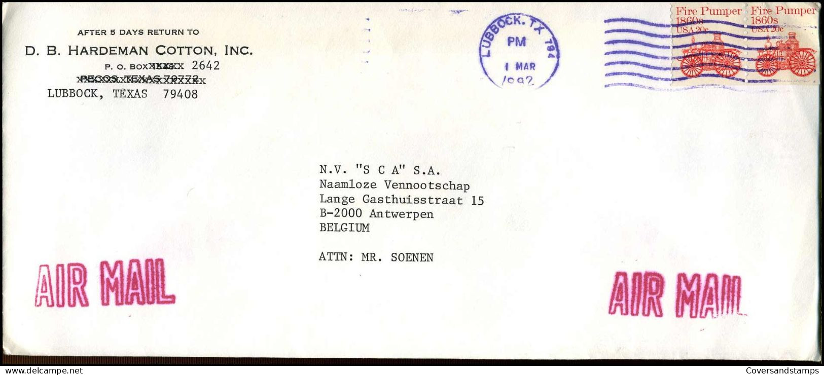 Cover To Antwerp, Belgium - 'D.B. Hardeman Cotton Inc., Lubbock, Texas'' - Lettres & Documents