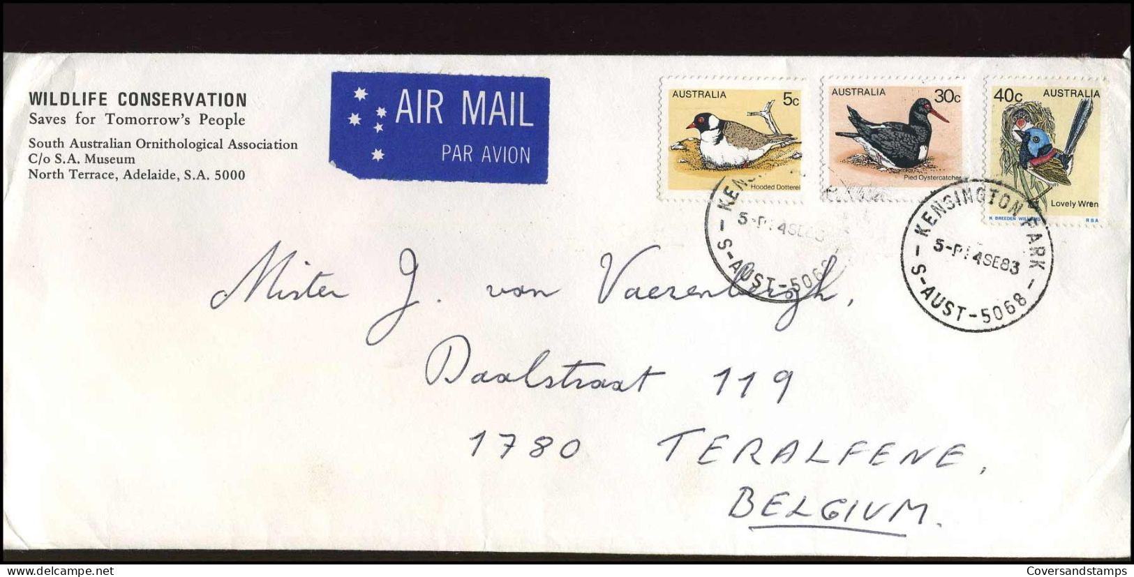 Cover To Teralfene, Belgium - 'Wildlife Conservation Saves For Tomorrow's People, Adelaide' - Lettres & Documents
