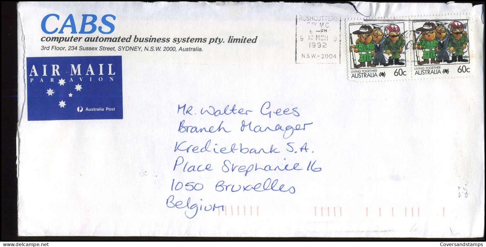 Cover To Brussels, Belgium - 'CABS, Computer Automated Business Systems Pty. Limited, Sydney' - Briefe U. Dokumente