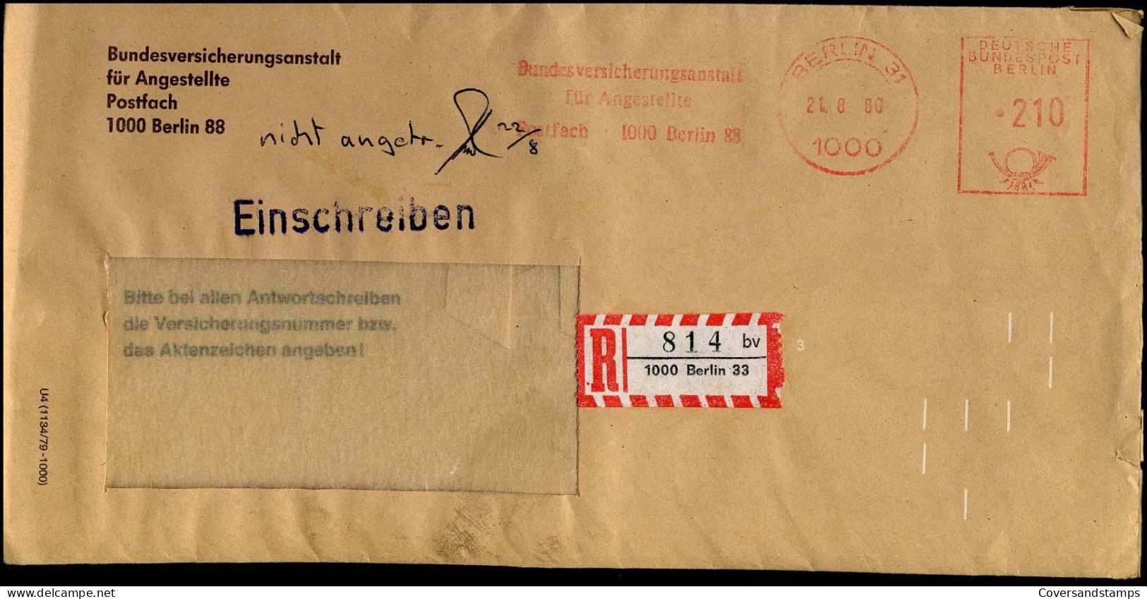 Registered Cover - 'Bundesversicherungsanstalt Für Angestellte, Berlin' - Lettres & Documents