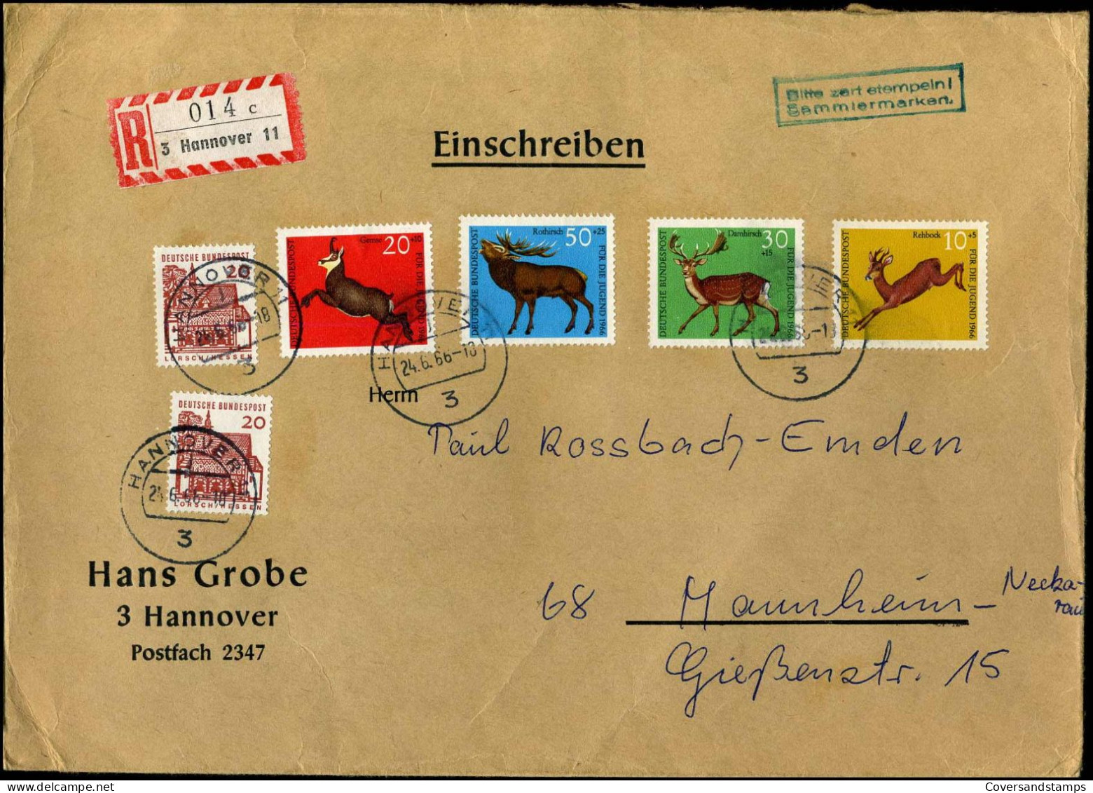 Registered Cover To Mannheim - "Hans Grobe, Hannover" - Lettres & Documents