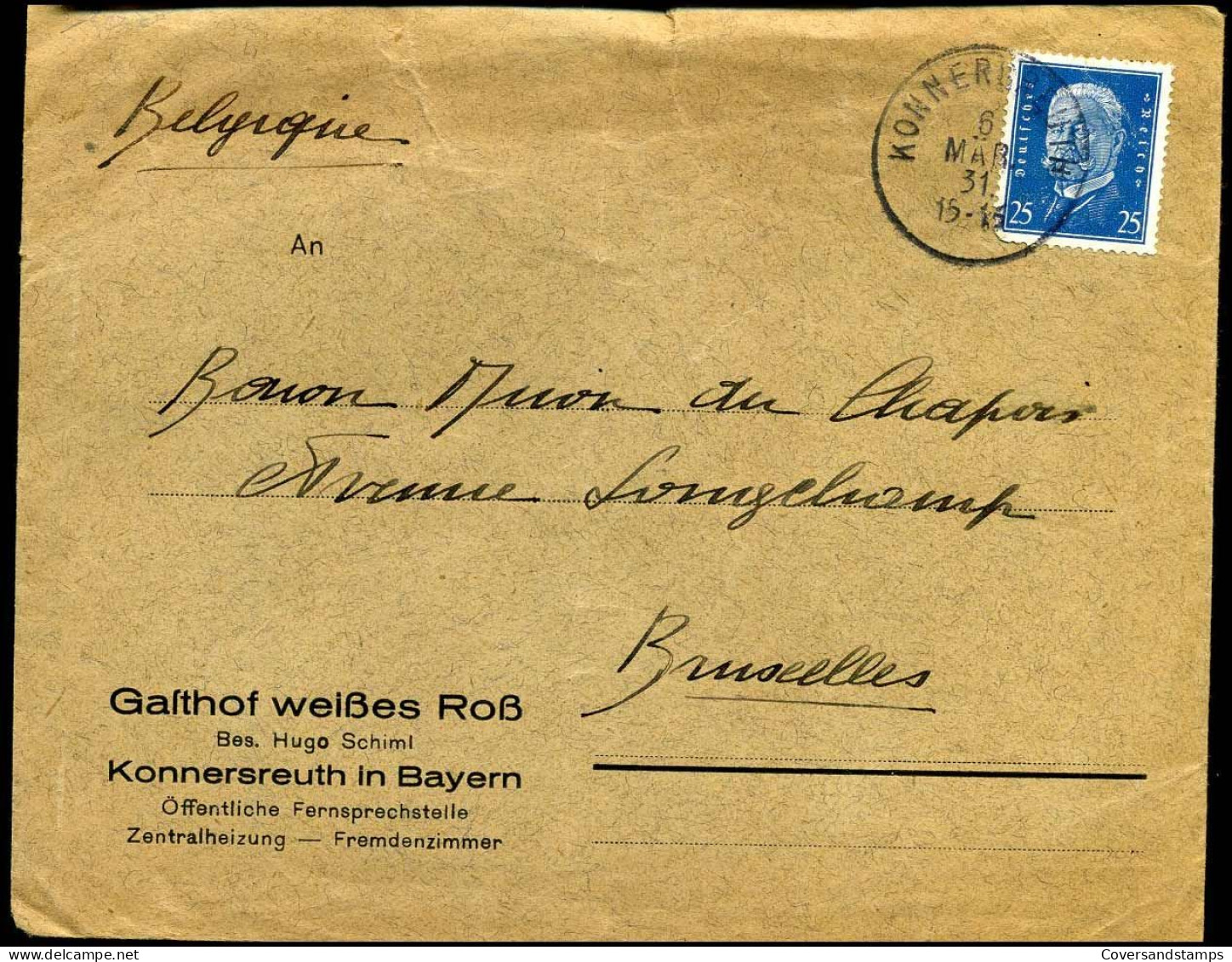 Cover To Bruxelles, Belgium - "Gasthof Weisses Ross, Konnersreuth In Bayern" - Covers & Documents