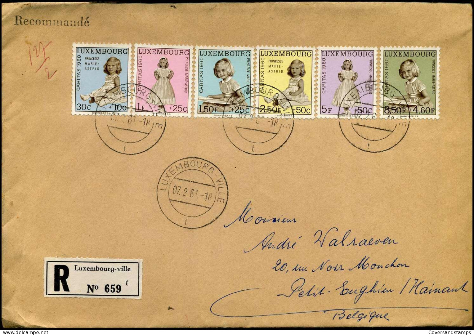 Registered Cover To Petit-Enghien, Belgium - Caritas 1960 Yv 589/94 - Covers & Documents