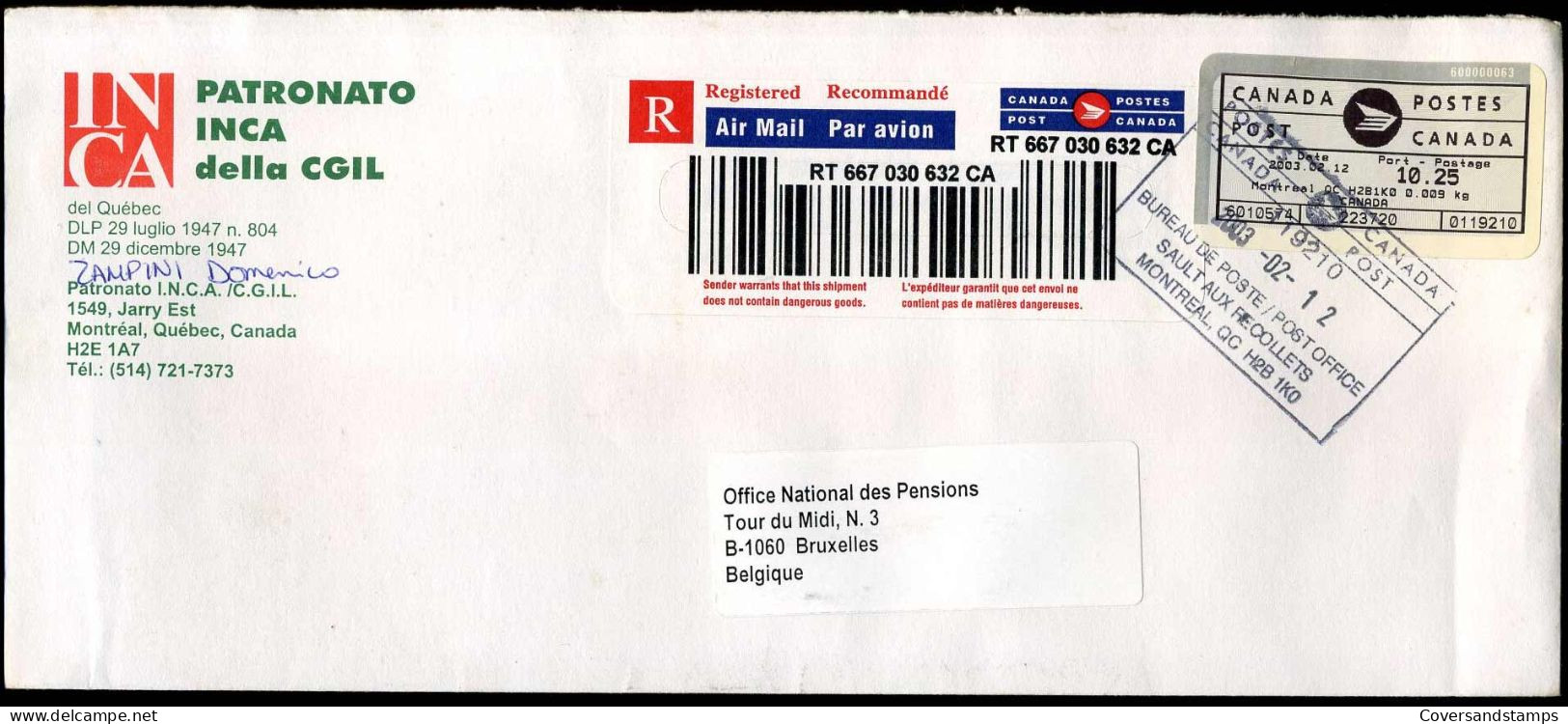 Registered Cover To Brussels, Belgium - "Patronato INCA Della CGIL, Montreal" - Lettres & Documents