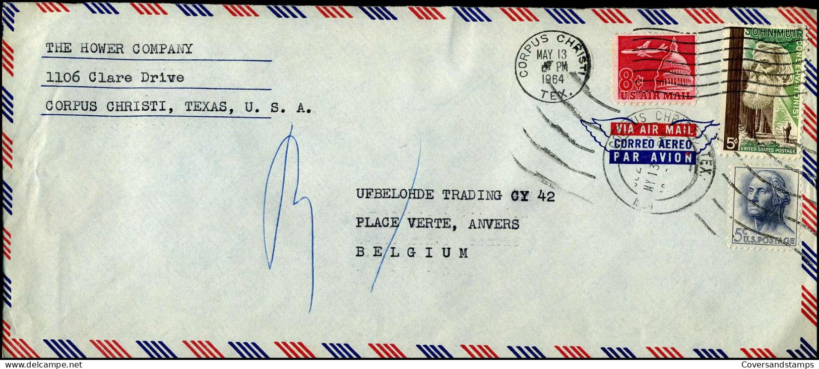 Cover From Corpus Christi, Texas To Antwerp, Belgium - "The Hower Company" - 3c. 1961-... Lettres