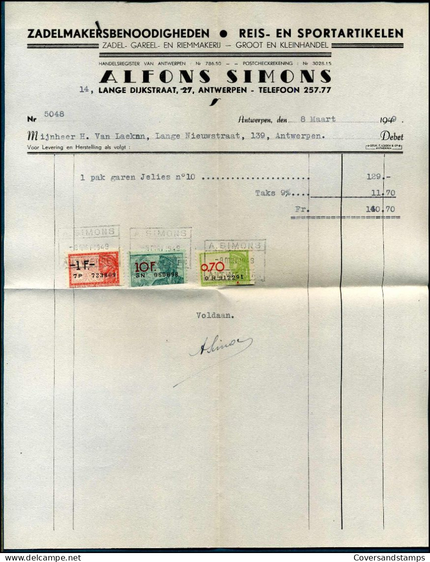 Factuur - Alfons Simons, Zadelmakersbenoodigheden - Reis- En Sportartiekelen, Lange Dijkstraat, Antwerpen - 1900 – 1949