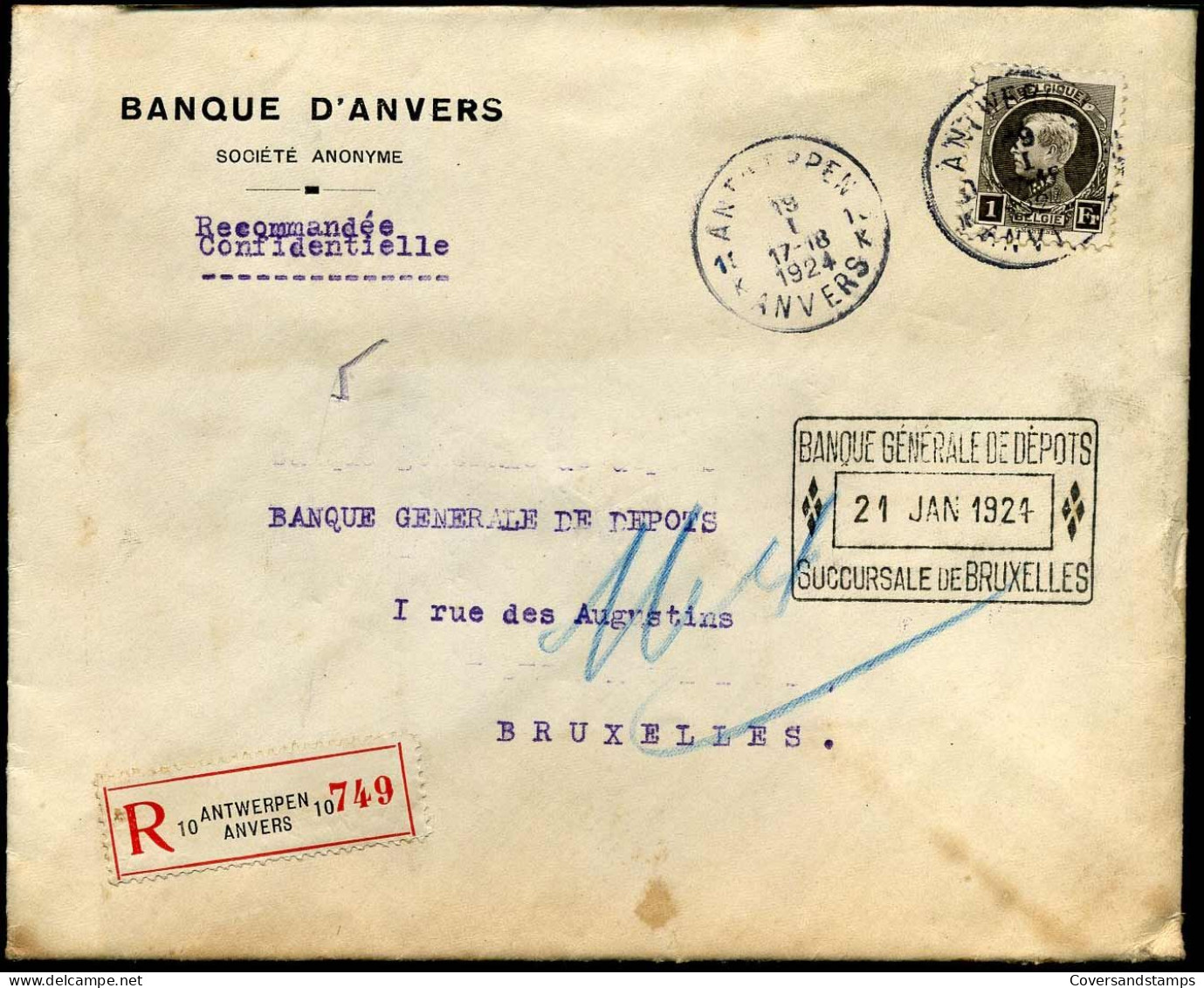 Aangetekende Brief Naar Bruxelles - Banque D'Anvers SA - Banque Générale De Dépots, Succursale De Bruxelles" - 1921-1925 Small Montenez
