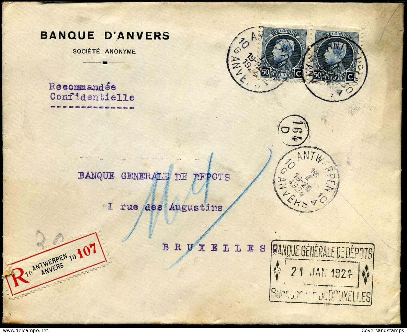 Aangetekende Brief Naar Bruxelles - Banque D'Anvers SA - Banque Générale De Dépots, Succursale De Bruxelles" - 1921-1925 Petit Montenez