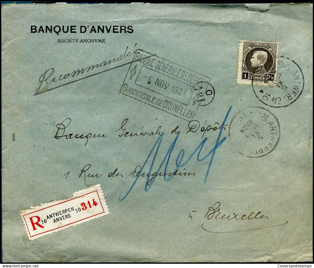 Aangetekende Brief Naar Brussel - "Banque D'Anvers SA - Banque Générale De Dépots, Succursale De Bruxelles" - Covers & Documents