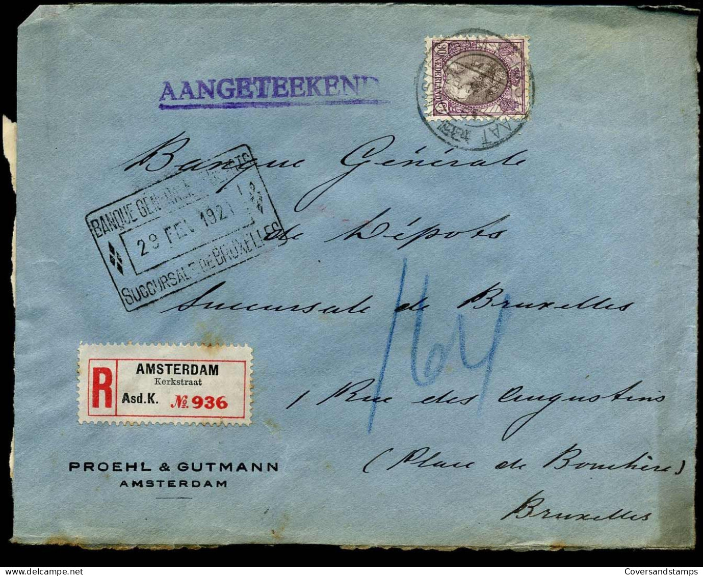 Aangetekende Brief Naar Bruxelles - "Proehl & Gutmann, Amsterdam - Banque Générale De Dépots, Succursale De Bruxelles" - Covers & Documents