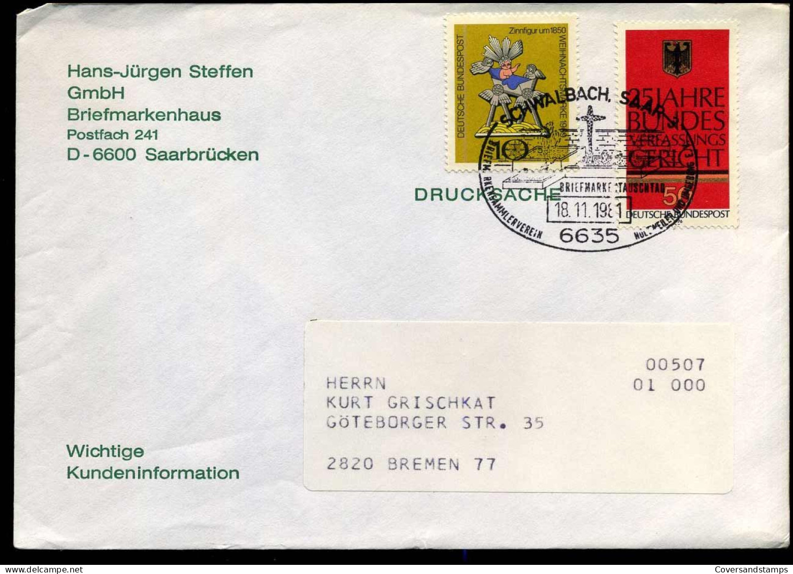 Cover To Bremen - "Hans-Jürgen Steffen Gmbh, Briefmarkenhaus, Saarbrücken" - Lettres & Documents