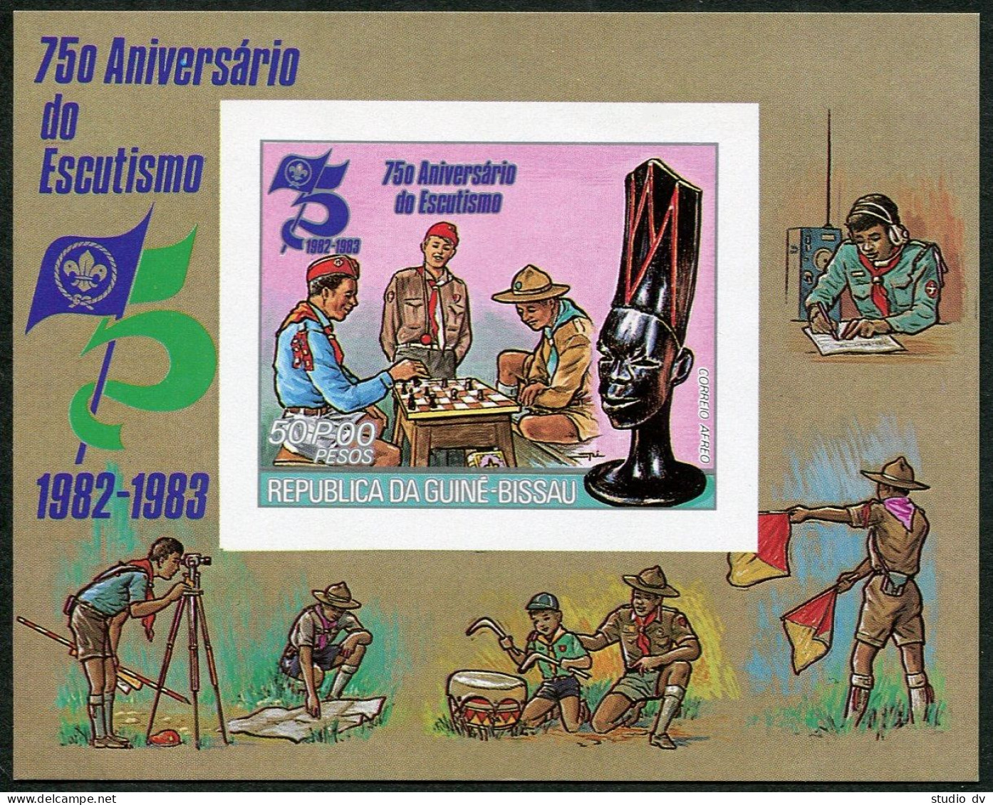 Guinea Bissau 428-C42,C43 Imperf, MNH. Mi 616B-621B, Bl.215B. Scouts 1982. Chess - Guinea-Bissau