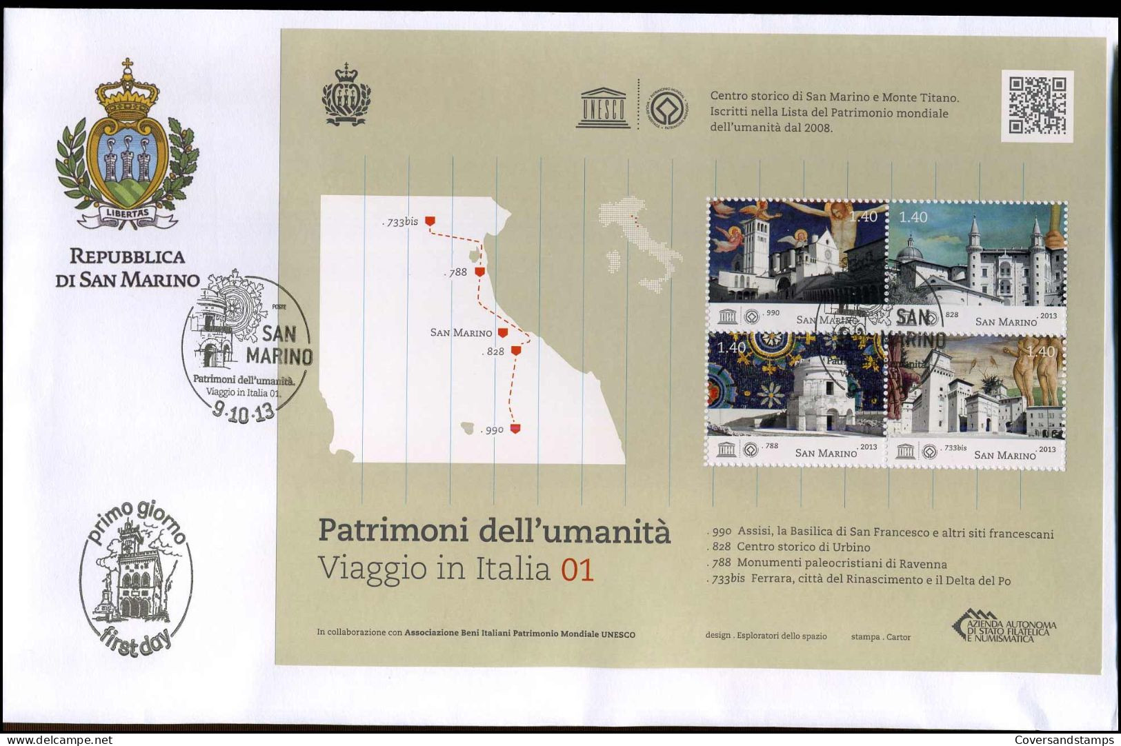 San Marino - FDC 2013 - Patrimoni Dell'umanita, Viaggio In Italia 01 - FDC