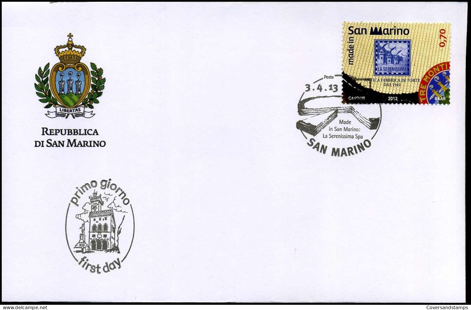 San Marino - FDC 2013 - 70° ANN. ANTICA FABBRICA DI TORTE " LA SERENISSIMA S.P.A. " - FDC
