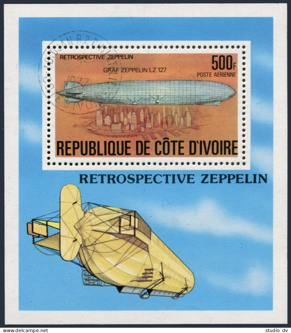 Ivory Coast C63 Sheet,CTO.Michel Bl.8. Zeppelin,1977.Graf Zeppelin LZ 127. - Ivory Coast (1960-...)