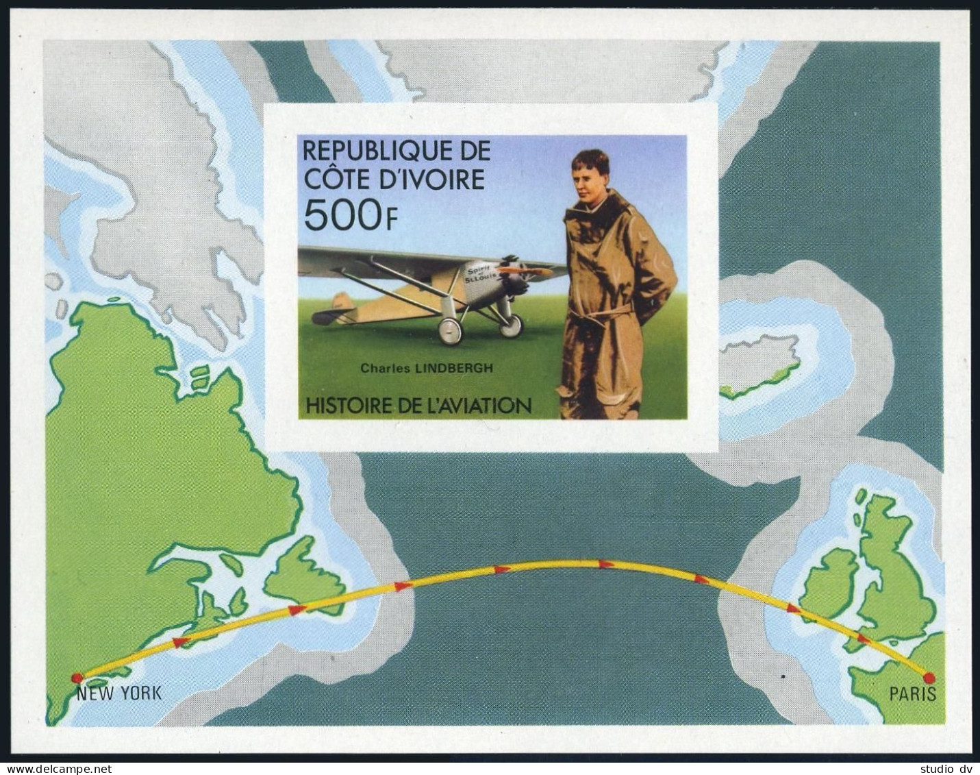 Ivory Coast 434-438,439 Imperf,MNH. Charles Lindbergh Solo Flight,1977. - Ivory Coast (1960-...)