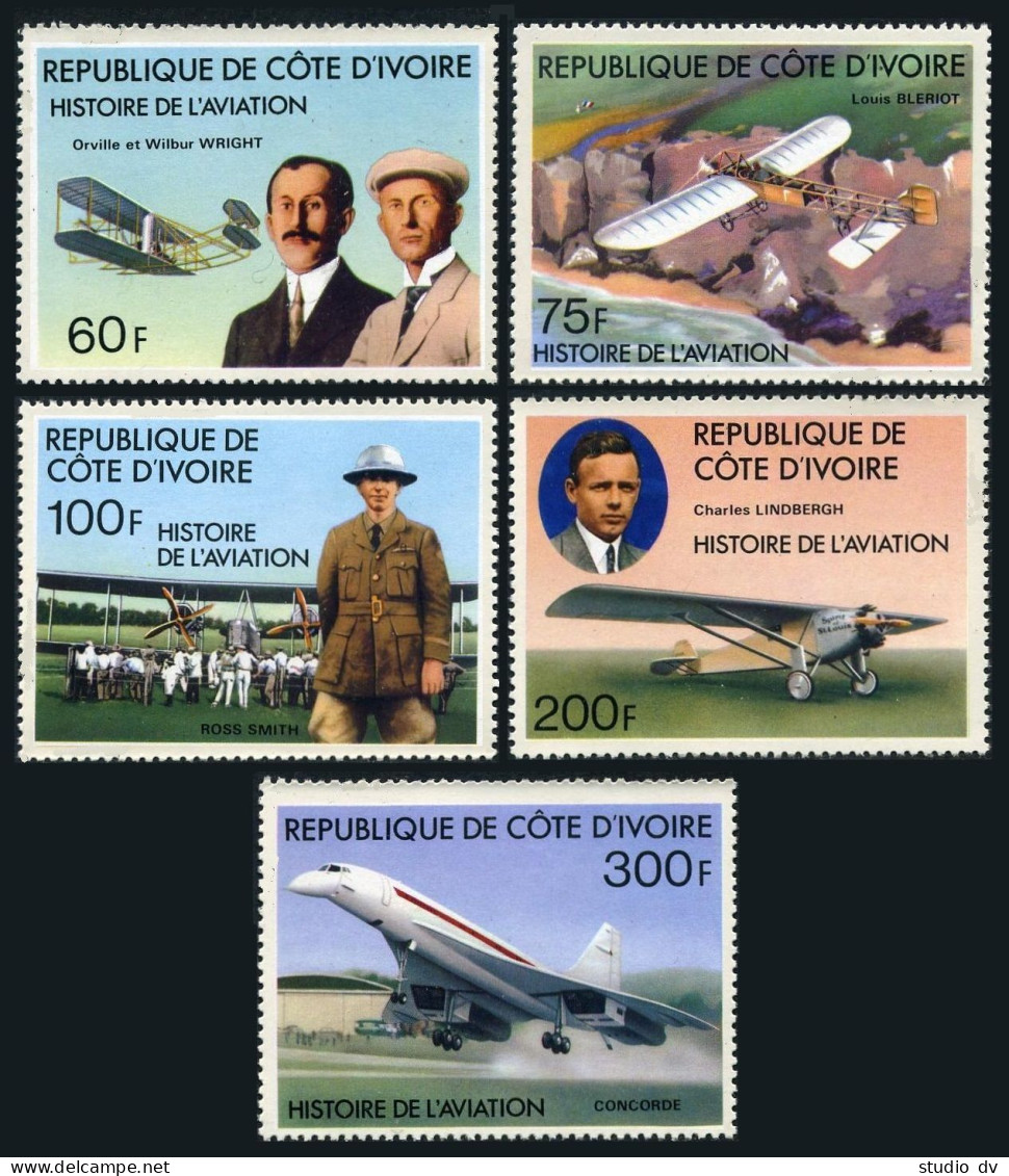 Ivory Coast 434-438,439,MNH. Aviation,1977.Aviators,aircraft,Concorde,Lindbergh. - Côte D'Ivoire (1960-...)