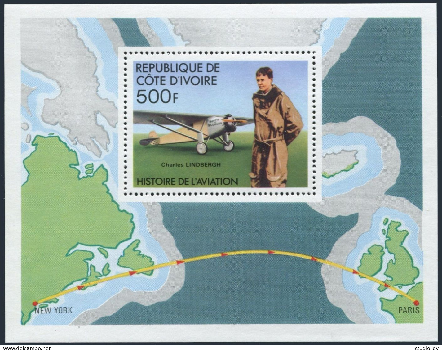 Ivory Coast 439, MNH. Michel Bl.7. History Of Aviation, 1977. Charles Lindbergh. - Ivory Coast (1960-...)