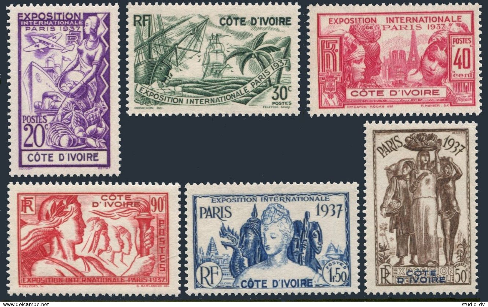 Ivory Coast 152-157,158,MNH.Mi 153-158,Bl.1. Colonial Art Exposition,Paris 1937. - Côte D'Ivoire (1960-...)