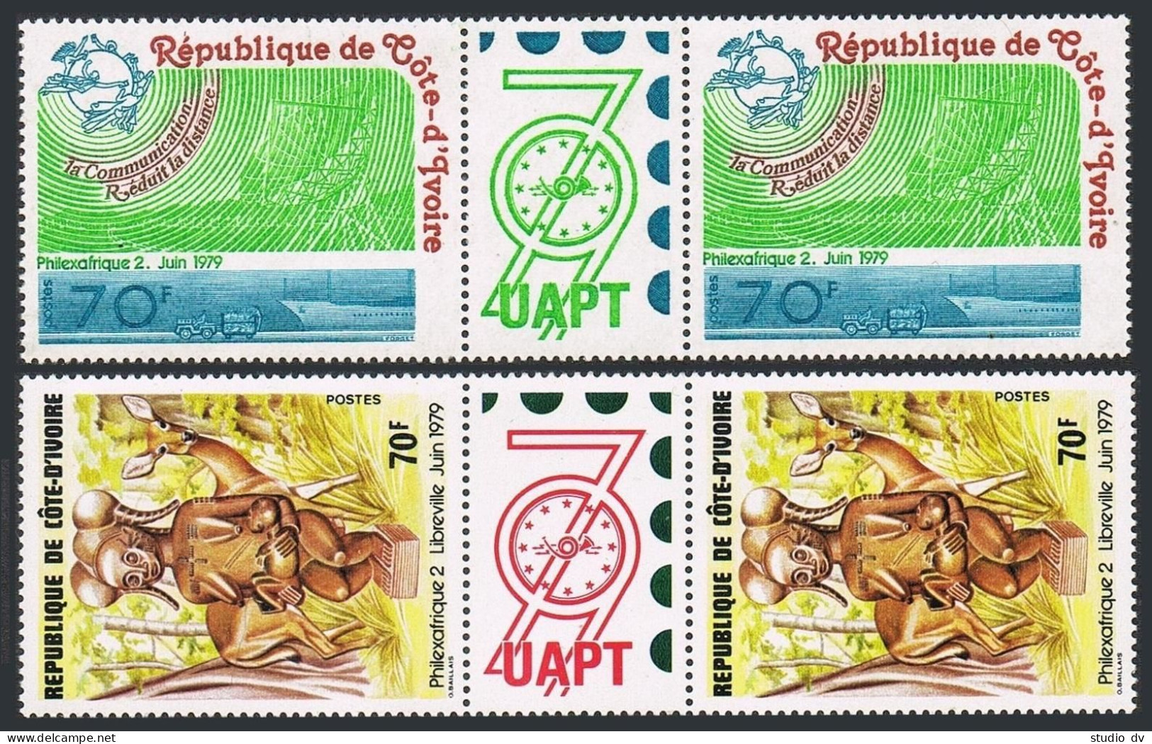 Ivory Coast 512-513 Pairs/label,MNH. PHILEXAFRIQUE-1979.UPU,Radar,Antelope,Ship, - Ivory Coast (1960-...)