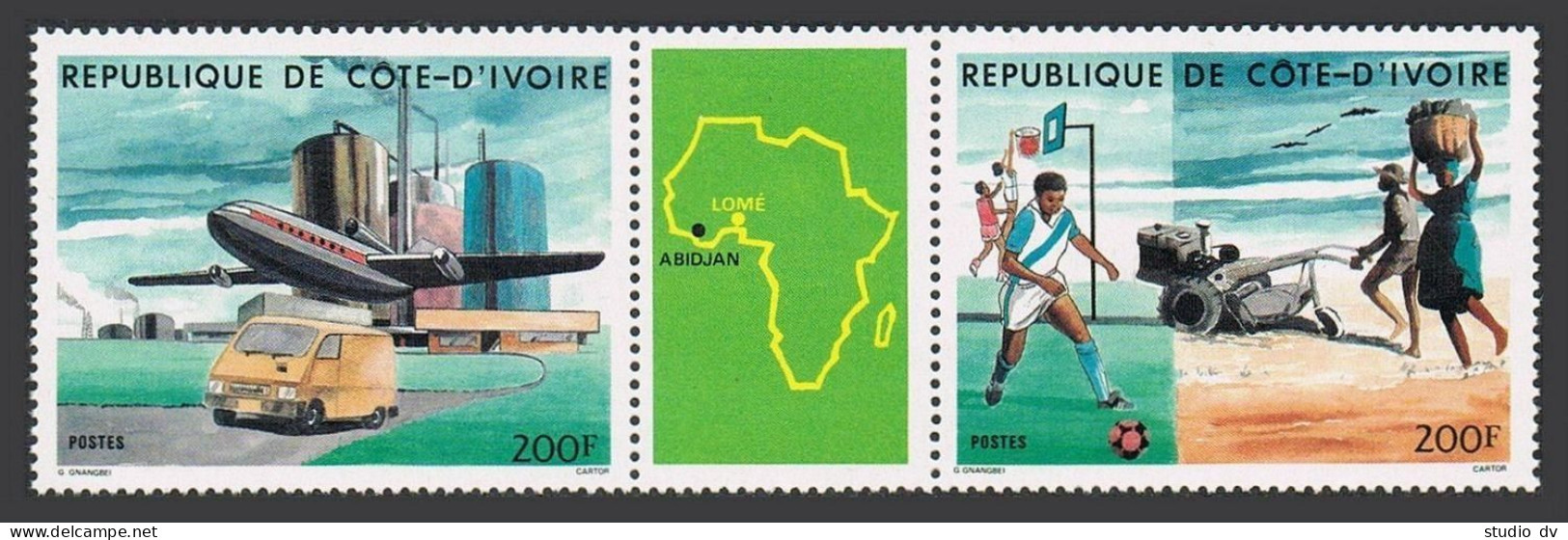 Ivory Coast 740-741a,MNH.Mi 851-852. PHILEXAFRICA-1985.Factory,jet,van;Soccer. - Costa D'Avorio (1960-...)