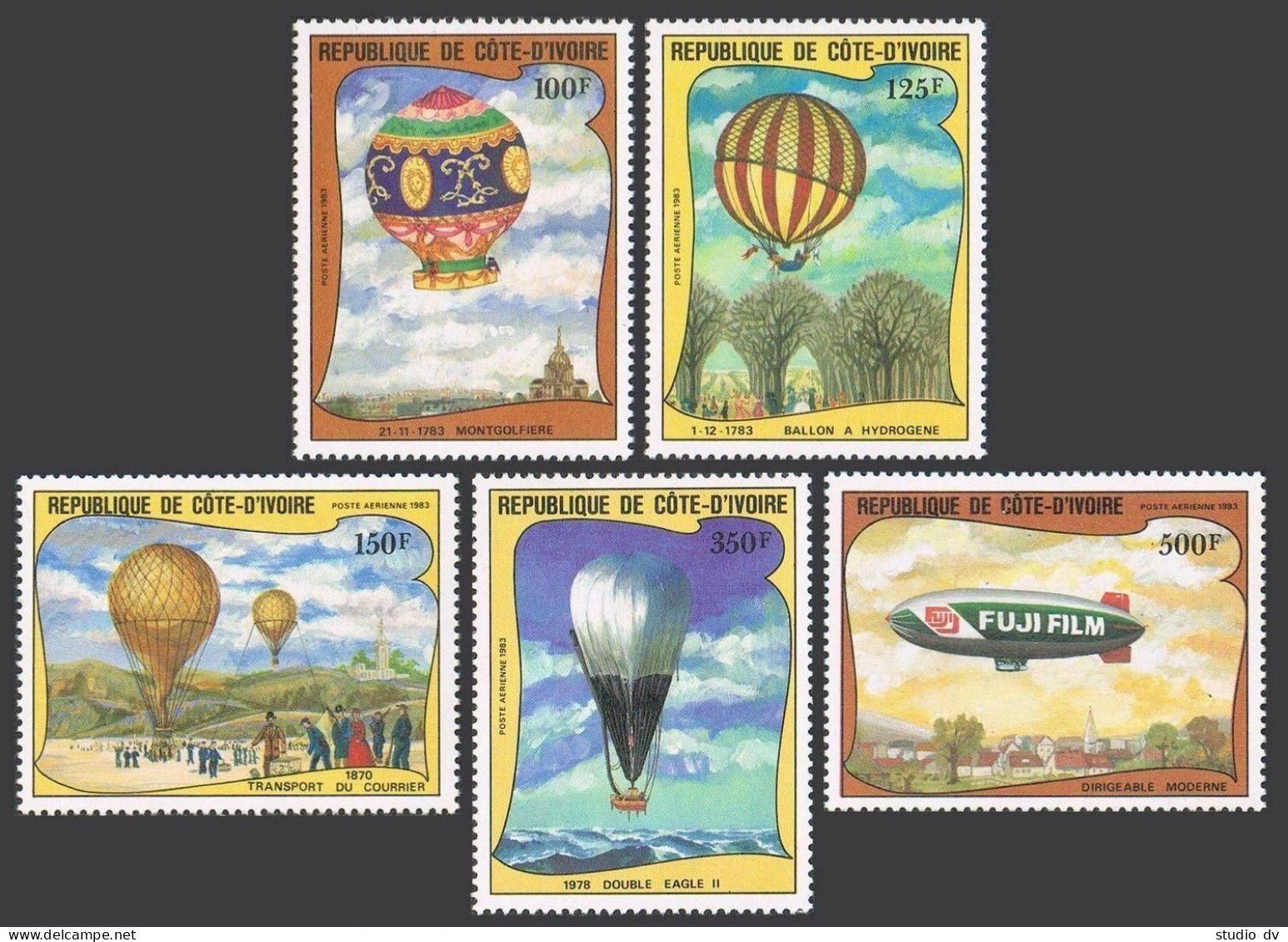 Ivory Coast C71-C75,MNH.Michel 772-776. Manned Flight,200,1983.Various Balloons. - Ivory Coast (1960-...)
