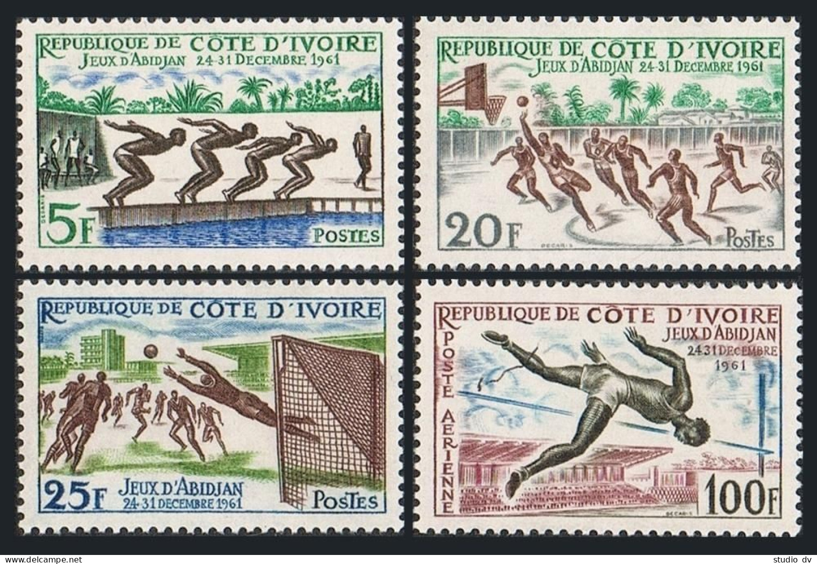 Ivory Coast 193-195,C17, MNH. Mi 233-236. Abidjan Games, 1961. Swimming, Soccer, - Costa D'Avorio (1960-...)