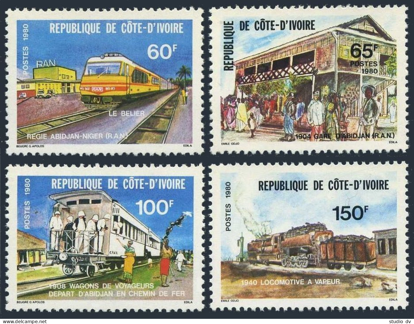 Ivory Coast 551-554, MNH. Michel 642-645. Railroad 1980. Locomotives, Stations. - Ivory Coast (1960-...)