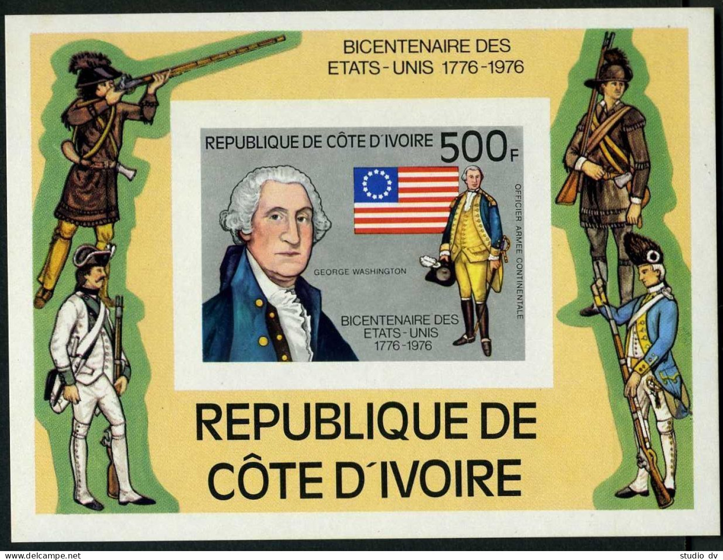Ivory Coast 421-425,426 Imperf,MNH.Mi 497-501,Bl.6. USA-200,1976.John Paul Jones - Ivoorkust (1960-...)