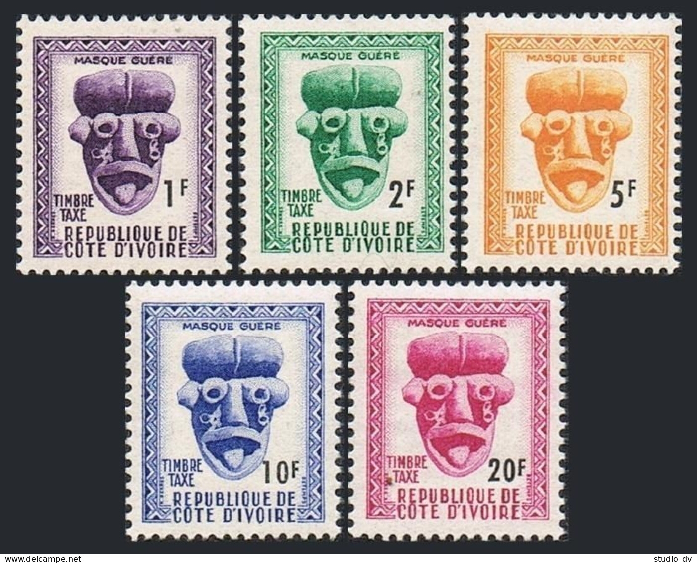 Ivory Coast J19-J23, MNH. Michel P19-P23. Due Stamps 1960. Guere Mask. - Ivory Coast (1960-...)